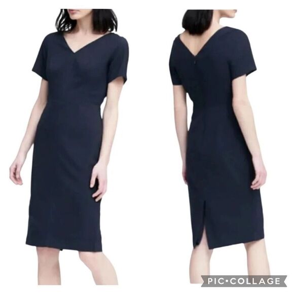 New Banana Republic Lightweight Wool Sheath Dress Black VNeck Midi Classic Sz 6P - Picture 1 of 8